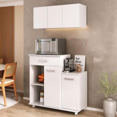Imagem de Kit Armário De Cozinha 93cm Com Balcão Multiuso Para Micro-ondas Multimóveis Mp2282 Branco