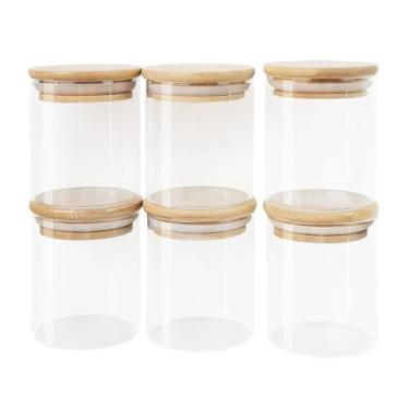 Imagem de Conjunto de 6 Potes de Vidro com Tampa de Bambu, Hermético, 200ml, Transparente, Vedação em Silicone, para Armazenamento de Mantimentos e Objetos Pequenos