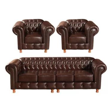 Imagem de Conjunto Sofá 4 Lugares E 2 Poltrona Chesterfield Luís Xv Vintage Retrô Capitonê Couro Marrom