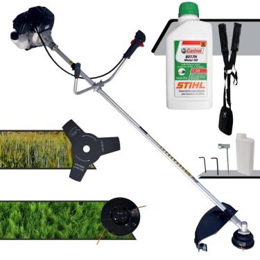 Imagem de Roçadeira Robusta Toyama RT43LB25A À Gasolina 2 Tempos 43cc 10000rpm 1,7HP de Potência Completo Com Lâmina 3 Pontas + Carretel Nylon + ÓLEO STIHL 8017