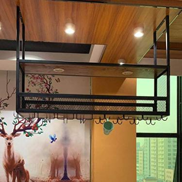 Imagem de Prateleiras de vinho de teto industriais de 2 camadas com suporte de copo e barra de lâmpada, dispensador de vinho de mordomo comporta qualquer tipo de taças de vidro e suporte para flautas