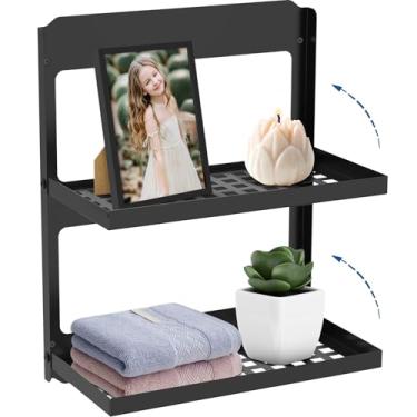 Imagem de Prateleira de parede de metal dobrável de 2 camadas, suporte empilhável combinado de parede, 34 cm × 18 cm × 42 cm, estante dobrável para lavanderia, sala de estar, cozinha, banheiro, garagem