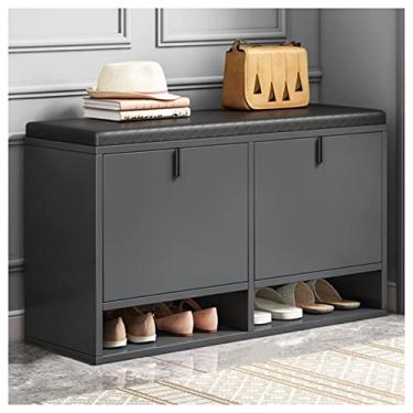 Imagem de Banqueta estofada moderna e simples sapateira de armazenamento de sapatos de madeira maciça nórdica banco de troca de sapatos banco de sofá estofado doméstico 80 x 24 x 50 cm, preto