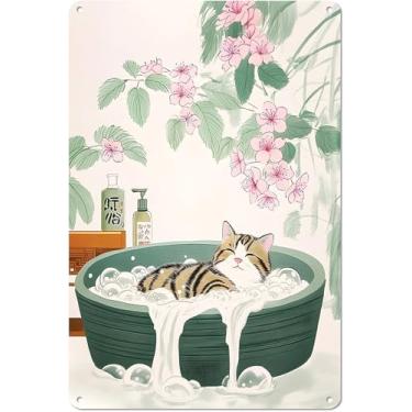Imagem de Cartazes vintage gato malhado na banheira 20 x 30 cm arte de parede de alumínio estilo japonês banho de espuma com flores de cerejeira decoração de banheiro calmante para amantes de gatos