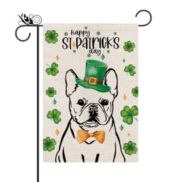 Imagem de Dia de São Patrício bandeira de jardim buldogue francês trevos serapilheira vertical dupla face festas de fim de ano decorações de quintal ao ar livre 30 x 45 cm