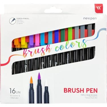 Imagem de Caneta Ponta Pincel, Newpen, Brush Pen, Newpen, 15 Cores + 1 Blender, 16 unidades