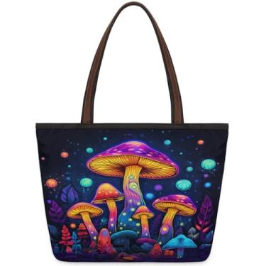 Imagem de Sacola grande feminina colorida galáxia cogumelo trabalho sacos de pano com zíper reutilizável mercearia bolsa casual viagem pernoite bolsa bolsa adequada para viagens, trabalho, férias, praia