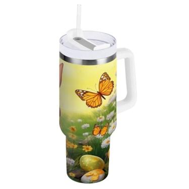 Imagem de ATTX Copo de coelho fofo de Páscoa de 850 g com alça, copo de aço inoxidável a vácuo de parede dupla com palha, caneca de café de viagem isolada #486