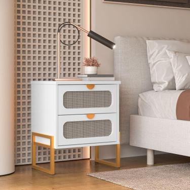 Imagem de Mesa De Cabeceira Titanium Estilo Industrial Com Pés De Ferro - Branco - Dourado