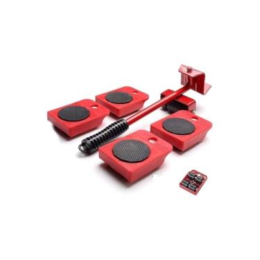 Imagem de Kit Levantador de Móveis com Rodinhas, 5 Peças, Vermelho, Metal e Plástico, Suporta 150kg, Inclui Alavanca e 4 Rodinhas