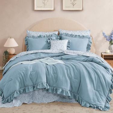 Imagem de BLOOMHAVEN Conjunto de edredom solteiro GG - 5 peças de cama azul com babados, cama de fazenda chique gasto em uma bolsa, solteiro GG com edredom de babados, lençóis florais, fronhas e fronhas