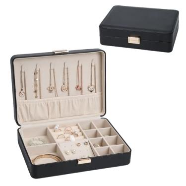 Imagem de V-LAFUYLIFE Caixa organizadora de joias de viagem para mulheres | Armazenamento portátil para brincos, colares, anéis, pulseiras, caixa pronta para presente preta