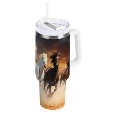 Imagem de STAYTOP Copo de cavalo de corrida de 850 g com tampa e canudo, copo isolado de aço inoxidável durável à prova de vazamento com alça, garrafas de água à prova de derramamento para viagens