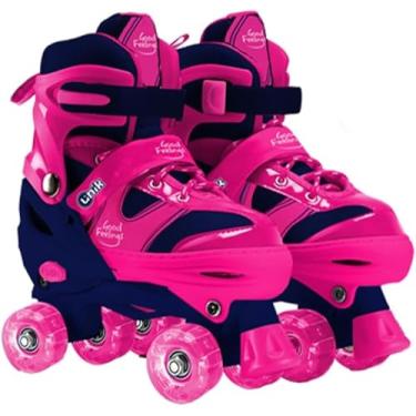 Imagem de Patins Infantil 4 Rodas com LED Rosa Tamanho 31-34 Ajustável para Crianças até 90kg Roller Skate Diversão Segura