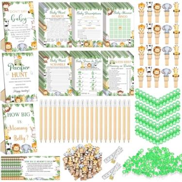 Imagem de Sherr 476 peças de jogos de chá de bebê de animais safári 6 conjuntos de cartas de atividades jogo de caça chupeta 50 chupetas qual é o tamanho da barriga da mamãe 50 cartões de adivinhação, 2 fitas
