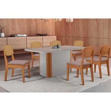 Imagem de Sala Jantar Mesa Pietá Tampo c/ Vidro Curvo 180cm+6 Cadeiras Havana Naturale/Off White - Linho Capuccino - Rufato