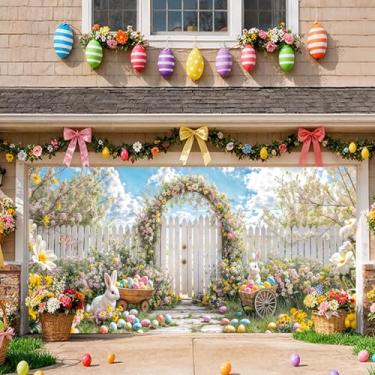 Imagem de Decoração de porta de garagem de primavera Páscoa floral arco de jardim bonito coelho colorido pano de fundo flor Páscoa crianças recém-nascido chá de bebê decoração infantil faixa de festa infantil