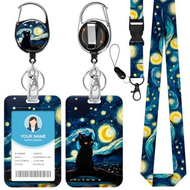 Imagem de Soleebee Cordão de gato de céu estrelado para crachás de identificação, suporte de crachá de identificação fofo e cordão destacável, chaveiro retrátil, carretel de crachá resistente com clipe