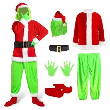 Imagem de AiMiAO Conjunto de fantasias de Papai Noel de monstro verde com máscara, Halloween, cosplay, festa, adulto, 7 peças, Vermelho, GG