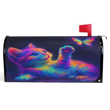 Imagem de TSENQUE Capas decorativas para caixa de correio de vinil magnético capa de caixa de correio outono férias à prova de intempéries decoração de caixa de correio gato fofo borboleta neon tamanho grande