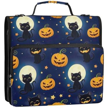 Imagem de Pasta organizadora de 3 anéis com 3 argolas para gatos fofos, abóboras, azul lua, fichário com zíper, bolsa escolar com alça de ombro, portfólio de negócios e estojo para pasta de anel, 34,5 x 31,5 x