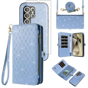 Imagem de Capa de celular para Samsung Galaxy S24 Ultra 5G Carteira com zíper destacável com protetor de tela de vidro temperado, alça flip com glitter, compartimento para cartão S24Ultra 24S S 24 24Ultra