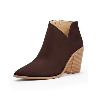 Imagem de Bota feminina de cano curto, bico fino, salto grosso, recorte lateral, zíper lateral, Camurça chocolate, 36