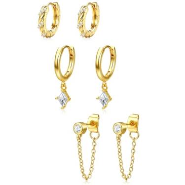 Imagem de ZELORES 3 pares de brincos de argola banhados a ouro 14K para mulheres, conjunto de brincos de argola com pingente de corrente moderna, cartilagem de hélice, brincos para vários piercings, Cobre