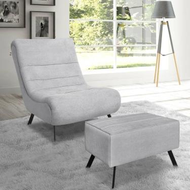 Imagem de Conjunto Poltrona + Puff Com Pés De Ferro Em Tecido Bouclé Vancouver – Lucadi Cinza