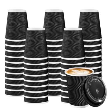 Imagem de BYSNOW Copos de café de 227 g com tampas, pacote com 100 xícaras de café descartáveis de papel ondulado para água, suco, café expresso (preto 227 g)