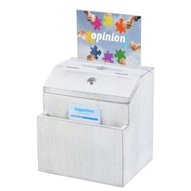 Imagem de KYODOLED Caixa de sugestões de madeira com fechadura, urna branca rústica para doação e caixa de entrega de chaves com suporte de placa de acrílico e 30 cartões de sugestões grátis, montado na parede