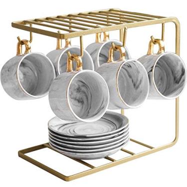 Imagem de Conjunto de xícara e pires conjunto de chá de porcelana conjunto de xícara de café e pires, conjunto de xícara de chá da tarde doméstico de cerâmica marmorizada com suporte para copo