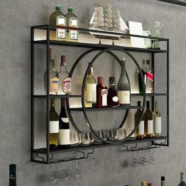 Imagem de Rack de vinho montado na parede de 3 camadas, moldura de metal de ferro com prateleira de armazenamento de suporte de vidro, armazenamento de exibição de vinho para cozinha, sala de jantar, bar