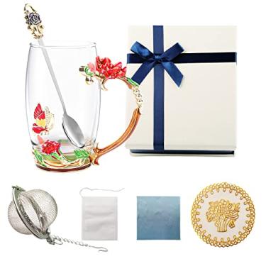 Imagem de Conjunto de Chávena e Caneca Café com Colher Açudeiro - Canecas Vidro Isoladas Design Floral Bonito para Bebidas Quentes Frias Elegante Mãe Mulheres Peça Arte Decorativa Prática Casa Seguro Confiável