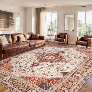 Imagem de SERISSA Tapetes de área de 20 x 25 cm para sala de estar, tapetes vintage antiderrapantes laváveis para quarto, tapete grande oriental de pilha baixa macio para sala de jantar, escritório em casa