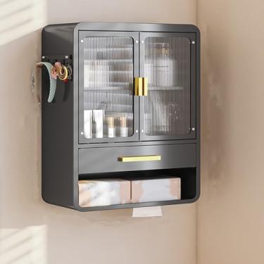Imagem de Armário de armazenamento montado na parede com portas de vidro deslizantes – organizador versátil para banheiro, quarto e cozinha, armário de parede elegante com prateleiras duplas para soluções de