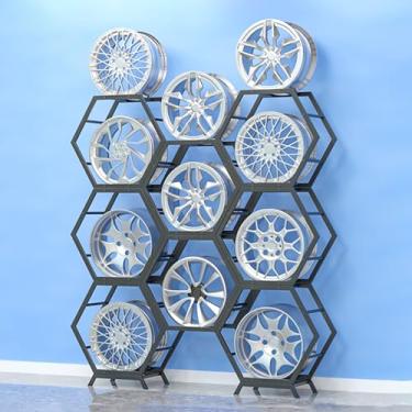 Imagem de Rack de exibição de aro de pneu empilhável, organizador de armazenamento de vários pneus para rodas de carro, prateleiras de pneus para garagem e porão, suportes de cubo de roda duráveis (estilo 1-B)