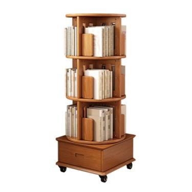 Imagem de Torre giratória de madeira com rodas e gavetas, estante giratória de 360°, organizador de canto estreito para espaços pequenos, quarto - 4 camadas 18,7 x 18,7 x 4 - Cor de madeira