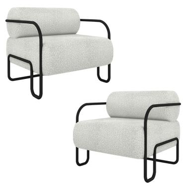 Imagem de Kit 2 Poltronas Decorativas Sala de Estar Polatsk Base Industrial de Ferro Bouclê Cinza Claro G33 - Gran Belo