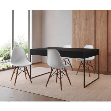 Imagem de Mesa Jantar Industrial Retangular Preta 137X90Cm Base Ferro Preto C/4 Cadeiras Brancas Cor: Preto