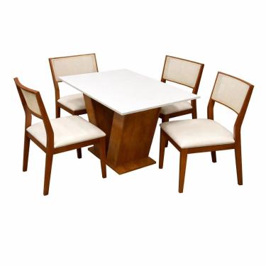 Imagem de Mesa de Jantar Classic 120x80cm com Vidro e 4 Cadeiras Oiti em Linho Madeira Cel Móveis Cor Cinamomo Off White com Tecido Bege