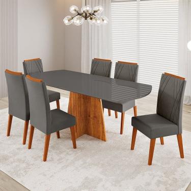 Imagem de Conjunto Sala de Jantar 6 Lugares Tampo Barril de Vidro/mdf Selecto Mel/Grafite/Cinza