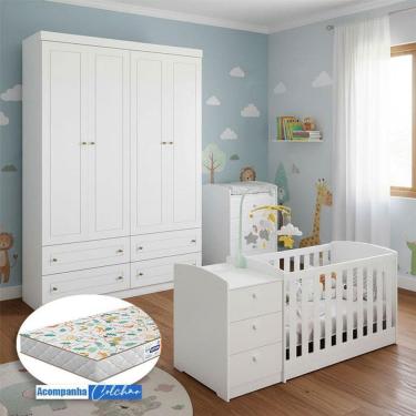 Imagem de Berço Multifuncional Atlanta e Guarda Roupa Americano 4 Portas Henn Ambiente Branco Fosco com Colchão Gazin - Reller