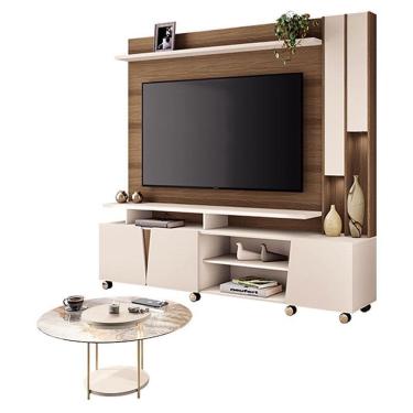 Imagem de Estante Home Theater Virtus Castanho Off White com Mesa de Centro Sky com tampo de vidro Off White - HB Móveis