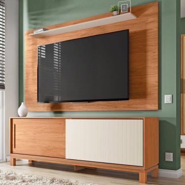 Imagem de Rack com Painel Tv até 65 Polegadas 190cmx179,2cm e Acabamento Microripado 2 Portas de Correr Flora Freijó/Off White