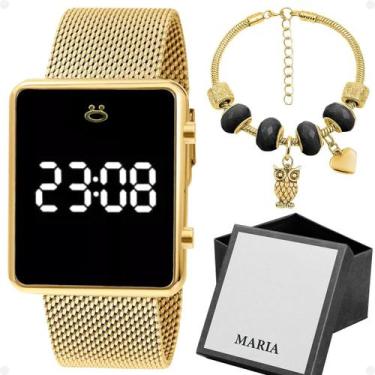 Imagem de relogio digital feminino dourado + pulseira aço inox + caixa pulseira 