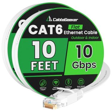 Imagem de Cabo Ethernet Cat 6 3 m, pacote com 2 (a um preço Cat5e, mas maior largura de banda) Cabo de rede de Internet plano - Cabo de rede Ethernet Cat6 curto - Cabo de computador Cat6 com conectores RJ45