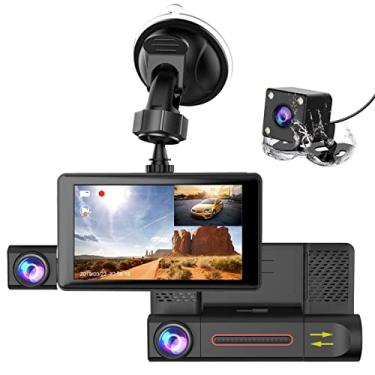 Imagem de Câmeras 3CHs Dash Cam para carros Front HD 1080p gravação interna e traseira ao mesmo tempo com gravador de vídeo DVR de carro com tela IPS de 4 polegadas