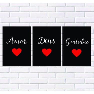 Imagem de Kit 3 Placas Decorativas Sala -Amor, Deus, Gratidão -20X30 Cm - Dream