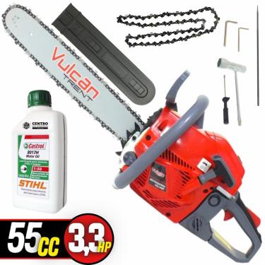Imagem de Moto Serra á Gasolina Vulcan VSL550P 2 Tempos 55CC 3,35HP Com Sabre 18`` Corrente de 32 Dentes Ideal Para Corte de Galhos e Lenha + Óleo Castrol Sthil